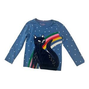 Mini Boden Blue Long Sleeve Tee with Black Cat and Rainbow